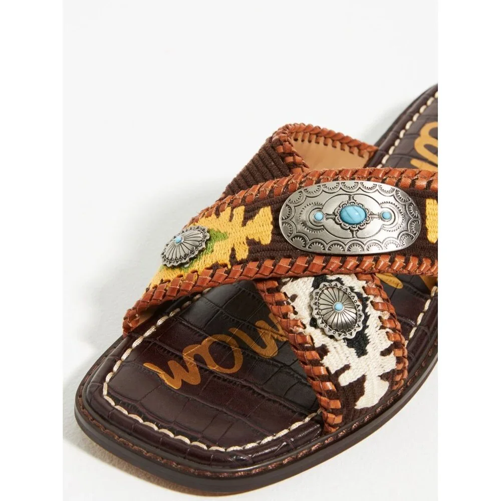 Sam Edelman Brown Multi Leather Embellished Slide Sandals - Picture 2 of 11